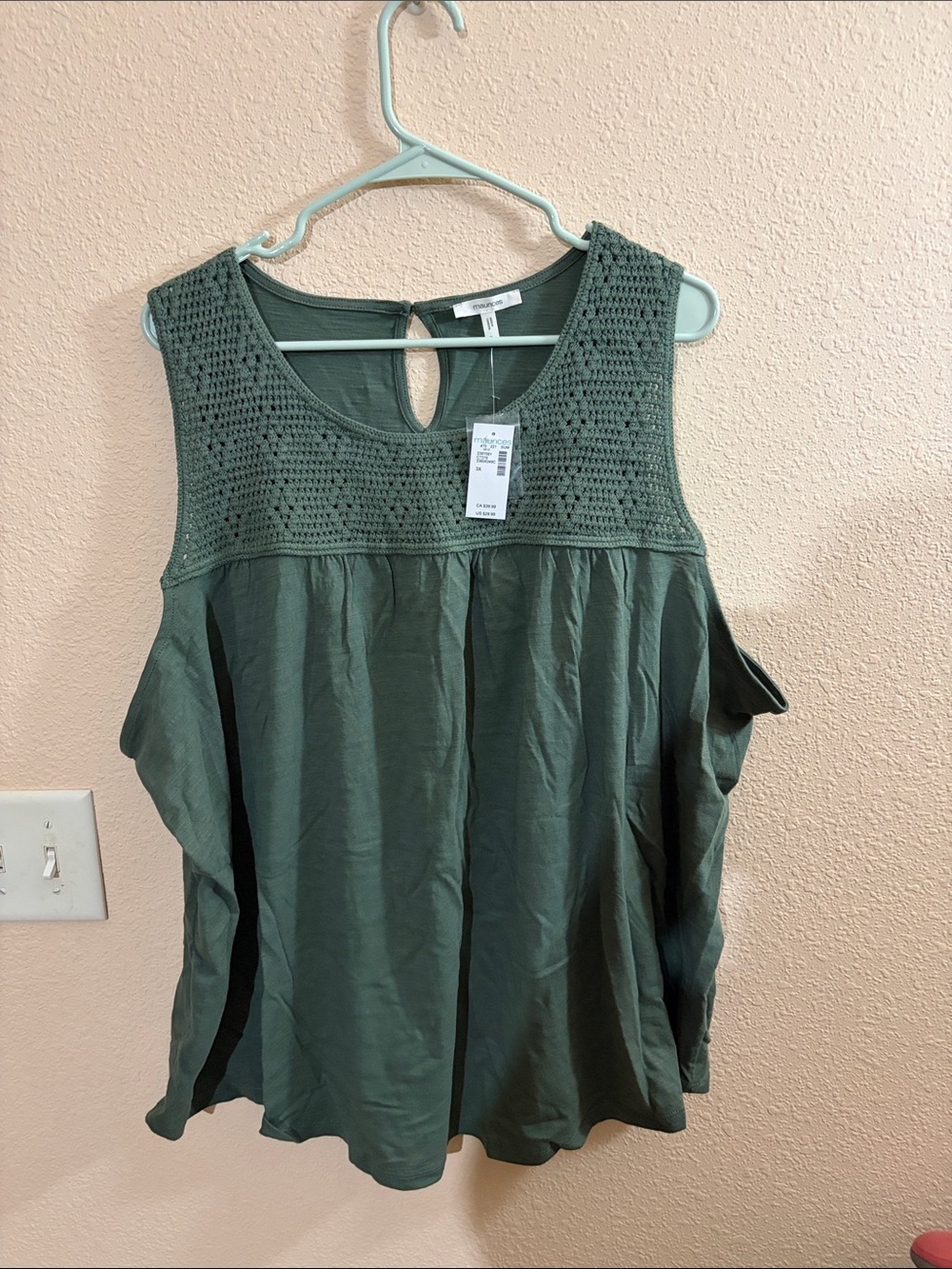 NWT Maurice’s Crochet Yoke Cold-Shoulder Tank Top - Olive Green